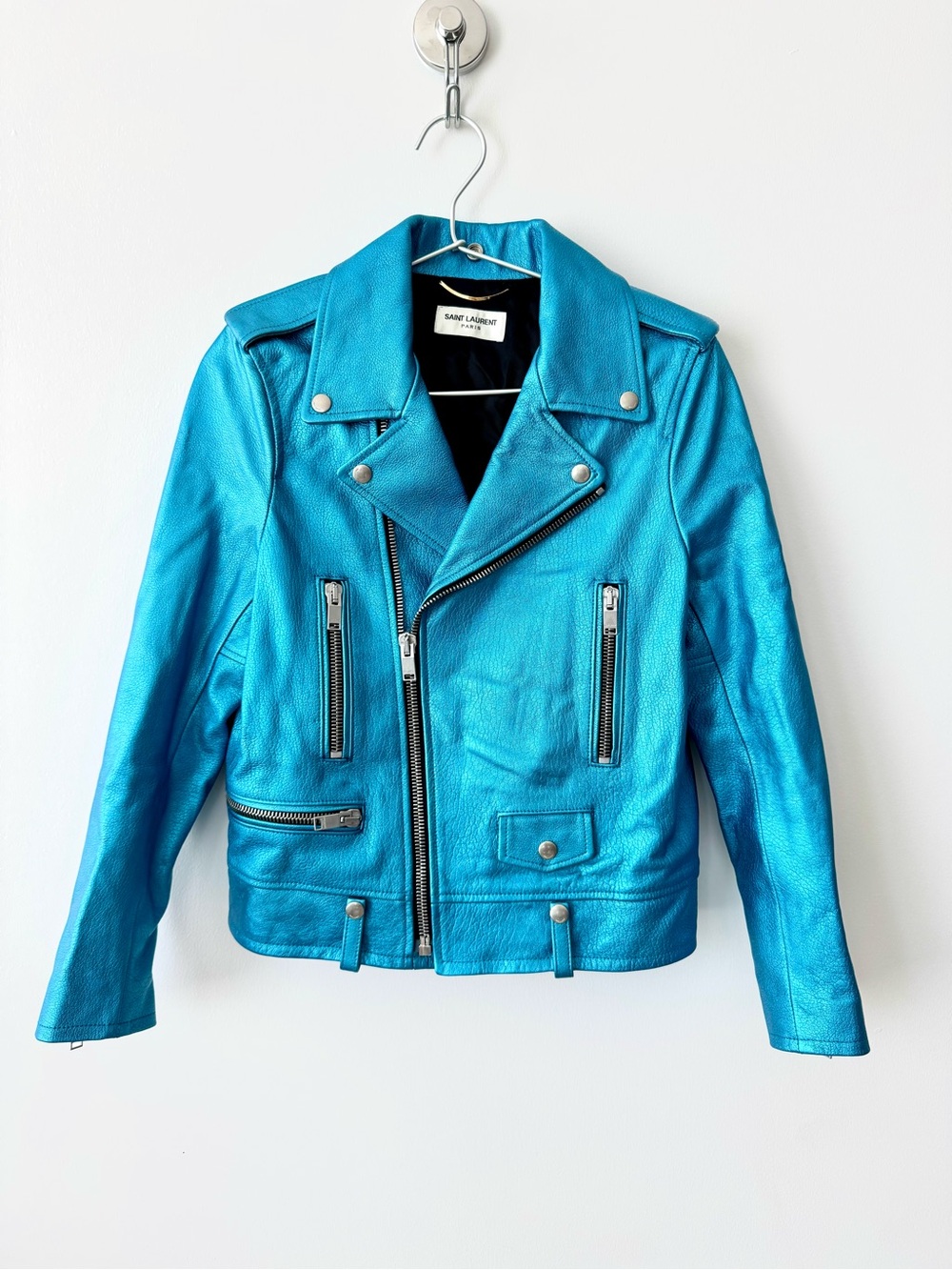 Saint Laurent Paris Metallic Blue L01 Double Rider Leather Jacket from F/W13-14